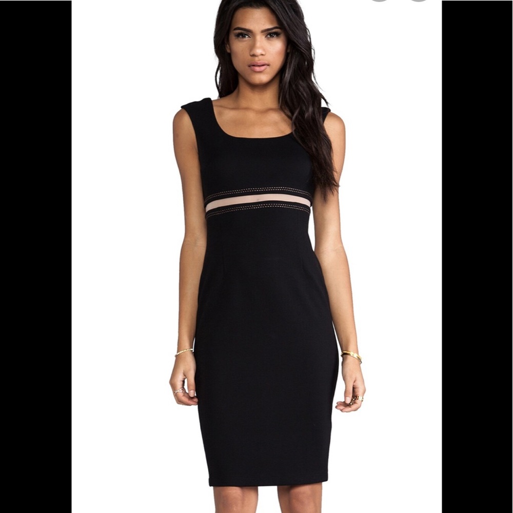 Bailey 44 NWT black Bardot dress. Illusion nude color sheer waste . Size S